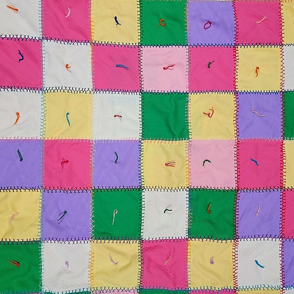 Handmade Quilt Pink Patchwork Tied Polyester Cotton Vintage 70s 42"x43"